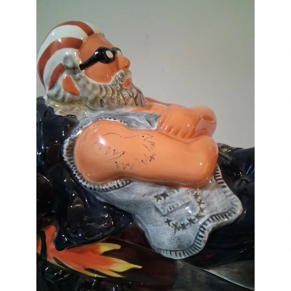 Vintage Biker Motorcycle Ceramic Cookie Jar Reclining Rider Flame Detail Novelty